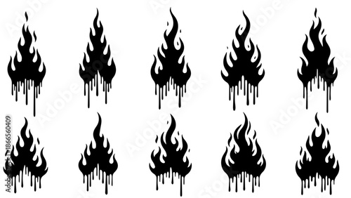 Collection of stylized flame illustrations isolated on white background, Vector