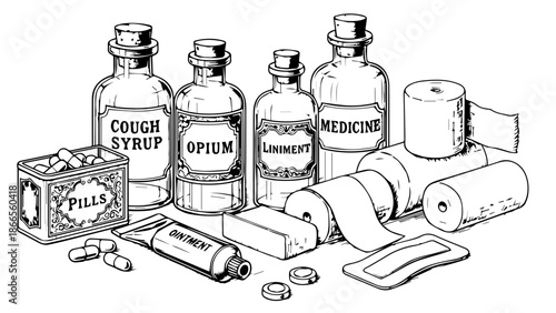 Assorted medical supplies and medications isolated on white background, Vector