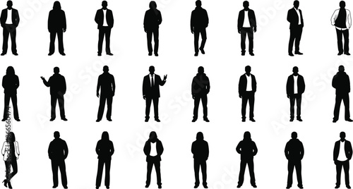 Business people silhouette collection, men and women standing poses, corporate team figures, isolated black vector illustration set, design elements icons