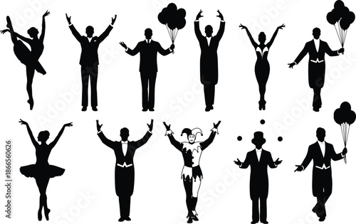 Circus performers silhouette set, dancers magicians jugglers with balloons, stage entertainment characters, show business, black vector illustration