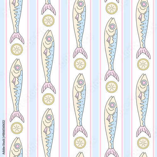 Seamless Coastal Fish and Lemon Stripe Pattern in Pastel Nautical Vector Style for Summer Fabric Wallpaper Packaging and Marine Surface Design