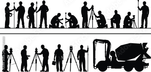 Construction surveyor workers silhouette set, land measurement and road engineering activities, leveling equipment and machinery, black vector illustration