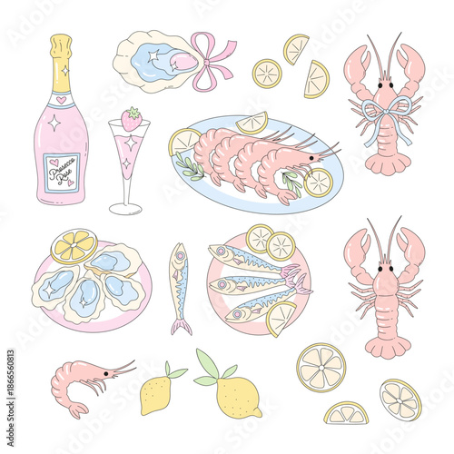 Preppy Coastal Seafood Illustration with Lobster, Shrimp, Oysters, Fish, Lemon and Champagne in Pastel Vector Style for Menus, Branding and Elegant Summer Design