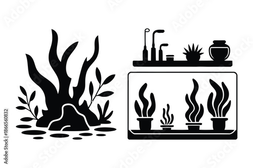 Aquascaping and Underwater Plant Terrarium Design Icons