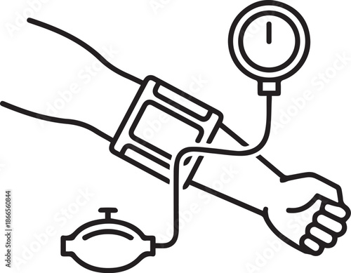 line vector icon of a cuff wrapped around an arm with a simple pump on white background