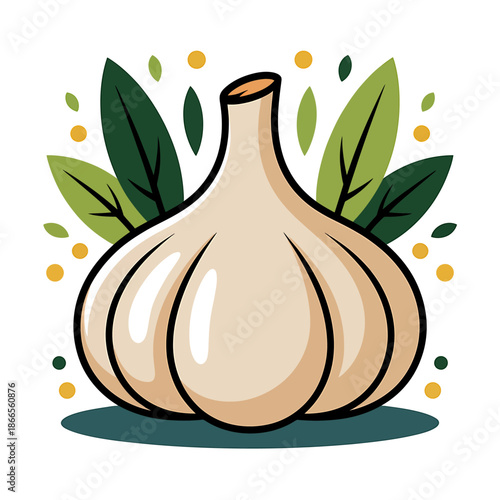 Garlic Bulb with Leaves Illustration