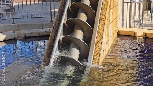 Close-up horizontal view of an Archimedes screw rotating and lifting water. Engineering mechanism used for water management, drainage systems, and hydraulic infrastructure.