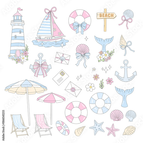 Preppy Coastal Nautical Summer Clipart with Lighthouse, Sailboat, Anchors and Pastel Beach Icons in Cute Vector Style for Invitations, Branding and Decorative Design