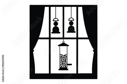 Garden Bird Feeder and Birdhouse Hanging Window View Icons