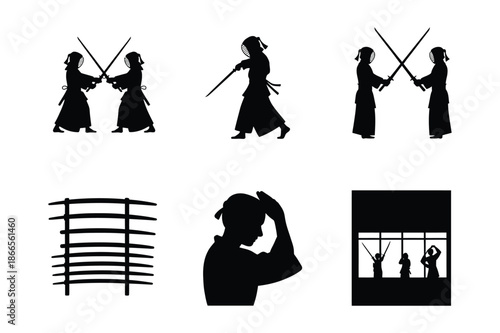 Japanese Kendo Martial Arts Practice and Dojo Training Icons