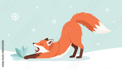 Cartoon Fox Stretching On A Snowy Winter Day With Snowflake Background