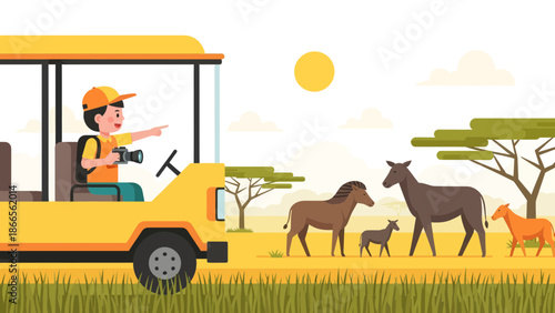 Captivating African Adventure Cartoon Illustration Featuring Wildlife Photography Tour