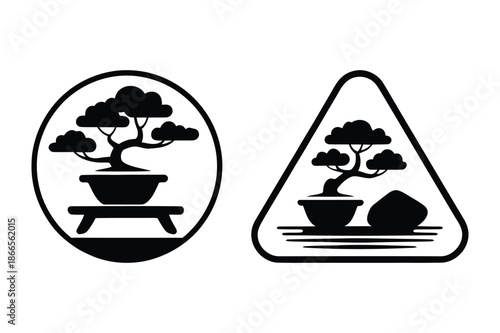 Japanese Bonsai Tree Symbol in Geometric Frame Silhouette Icons