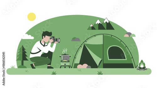Capturing Moments Photographer Enjoys Nature with Camping Under Sunny Sky