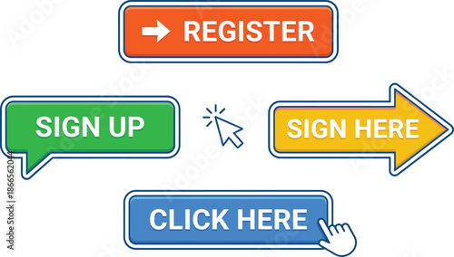 Colorful call to action buttons set with register sign up sign here click here for web interface design user experience