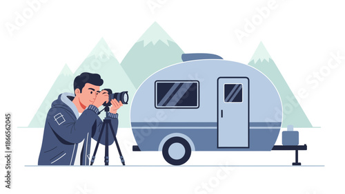 Capturing Memories Photographer Posing By Scenic Caravan in Mountain Landscape