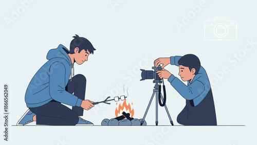 Capturing Candid Moments Two Friends Enjoying Campfire With Photography Outdoors