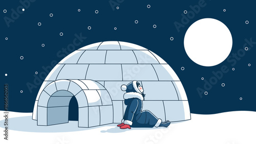 Cartoon Girl Sitting Near Igloo Under Starry Winter Sky And The Moon