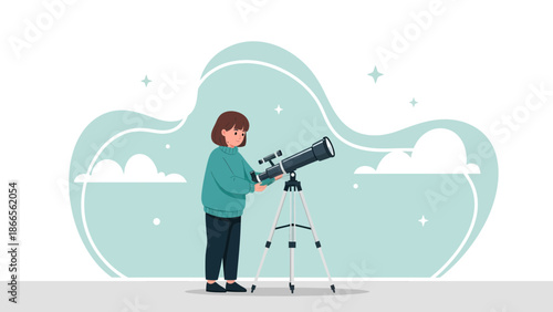 Cartoon Girl Looking Through Telescope At The Starry Sky Discovering Galaxy