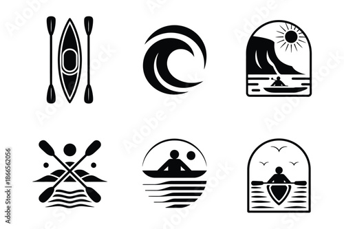 Kayaking Outdoor Adventure and Water Sport Silhouette Icon Set