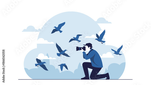 Capturing Nature Photographer Shooting Birds Flying in a Tranquil Sky Serene Landscape