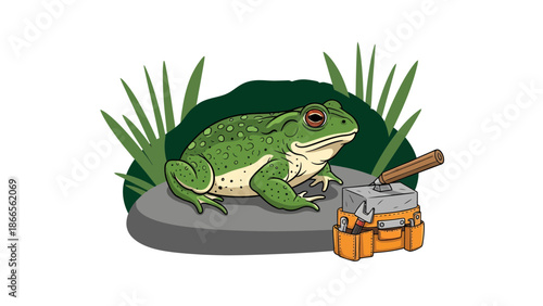 Cartoon Green Frog With Toolbox on Stone Detailed Illustration Character Design