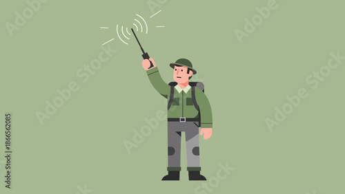 Cartoon Hiker Raising Radio Antenna To Get Signal In Remote Outdoors Area