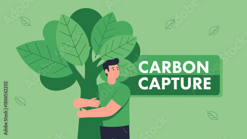 Cartoon Man Embracing Tree Supporting Carbon Capture Initiative And Sustainable Living