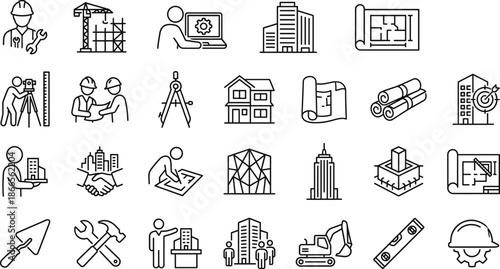 Construction and Architecture Line Icons Set Featuring Engineering Tools, Building Planning, Blueprints, Surveying, Project Management, Urban Development Concepts