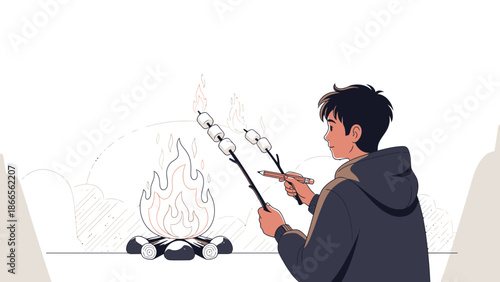 Cartoon Illustration Of Young Man Roasting Marshmallows Over A Campfire