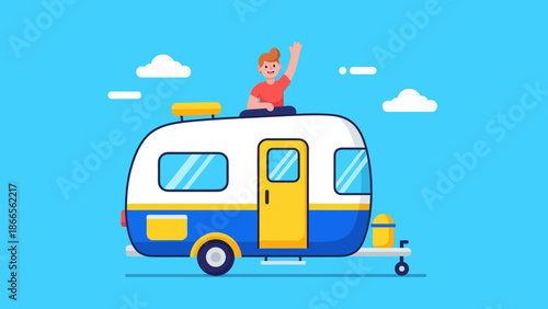 Cartoon Man Sitting On Top Of A Travel Trailer With Blue Sky Background
