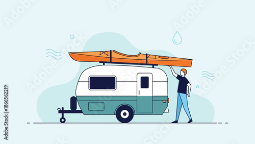 Cartoon Man Preparing For Road Trip With A Camper And A Kayak