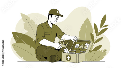 Cartoon Man Preparing First Aid Kit For Outdoor Emergency Adventure Trip