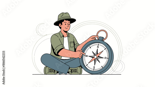 Cartoon Man With Compass Planning Adventure Journey And Discover New Locations