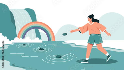 Carefree Woman Skimming Stones Near Picturesque Waterfall And Rainbow Scenic View