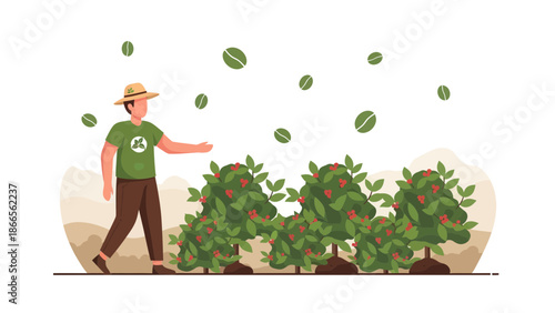 Careful Farmer Inspecting Coffee Plants On Farm For Quality Produce