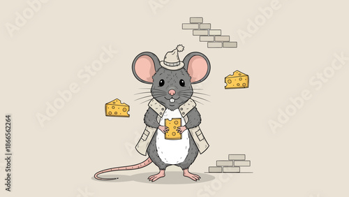 Cartoon Mouse With Cheese Wearing Hat and Coat Standing Near a Brick Wall