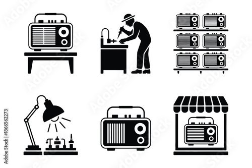 Vintage Radio Repair Shop and Electronics Service Icon Collection
