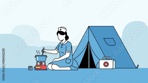 Caring Nurse Preparing Food At An Emergency Camp For Healthcare And Humanitarian Aid