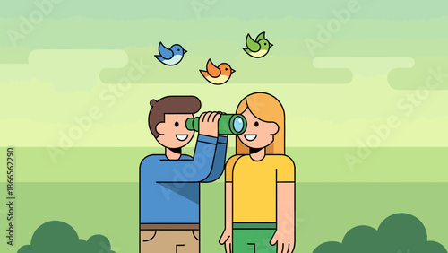 Cartoon People Watching Birds With Binoculars On Sunny Day Vector Illustration
