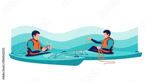 Caring Kayakers Prepping Gear For Paddling On The Water During Sunny Weather
