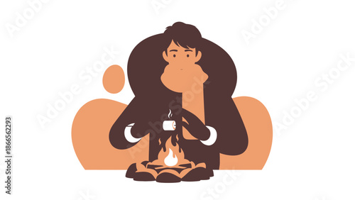Cartoon Person Toasting Marshmallow Over Bonfire In The Outdoors Illustration