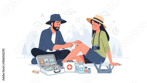Caring Traveler Applies First Aid During Outdoor Adventure Trip Together Safely