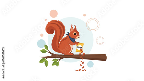 Cartoon Squirrel Enjoying A Snack On A Branch Against A Simple Background