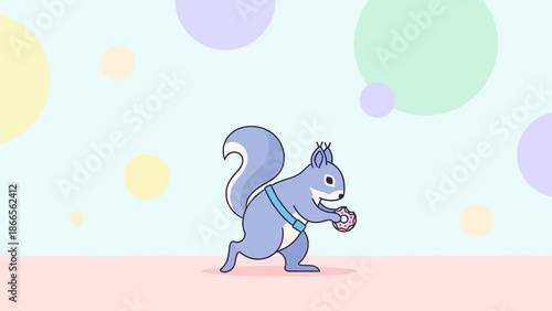 Cartoon Squirrel Enjoying Sweet Doughnut Against Light Pastel Background Illustration