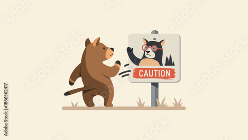 Cartoon Bear Finds Sign With Cute Dog Wearing Glasses That says Caution