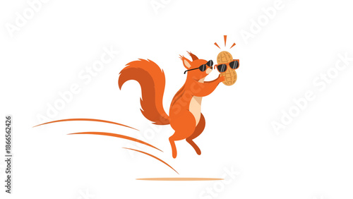 Cartoon Squirrel Enjoying With Peanut Wearing Sunglasses Jumping Vector Illustration