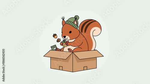 Cartoon Squirrel Enjoying Treats Inside Cardboard Box Wearing Winter Hat