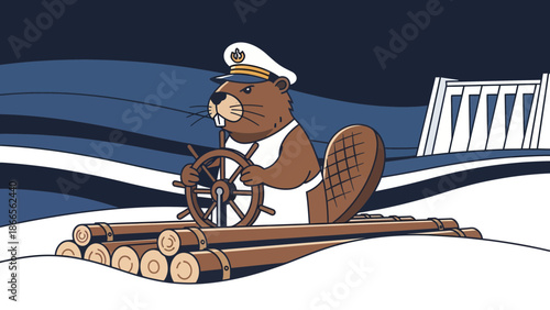 Cartoon Beaver Captain Sailing On Log Raft Against Dam Background Design