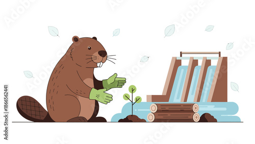 Cartoon Beaver Constructing A Dam For Future Generations Wildlife Conservation